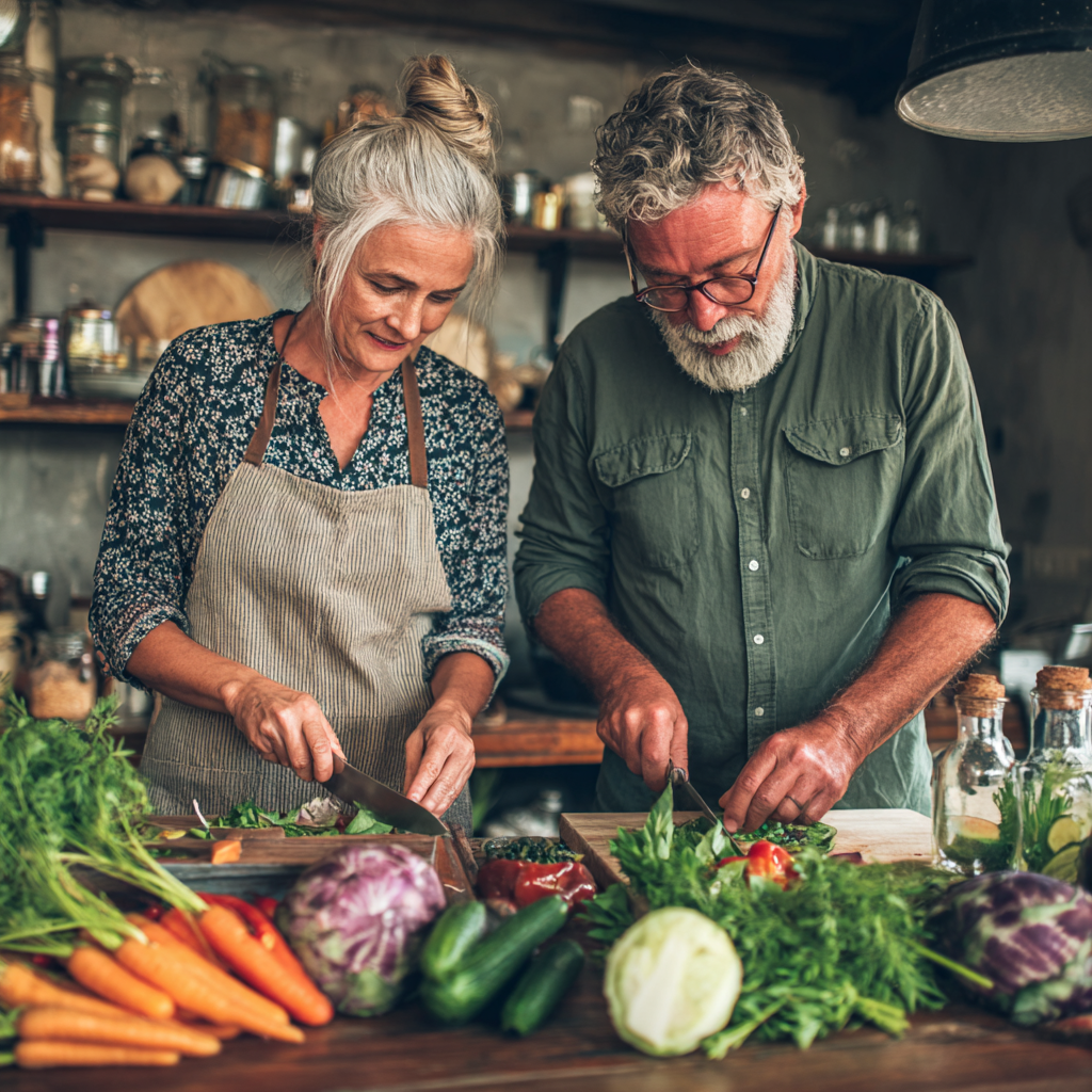 Middle-aged adults preparing fresh vegetables and herbs for healthy nutrition supporting clear skin