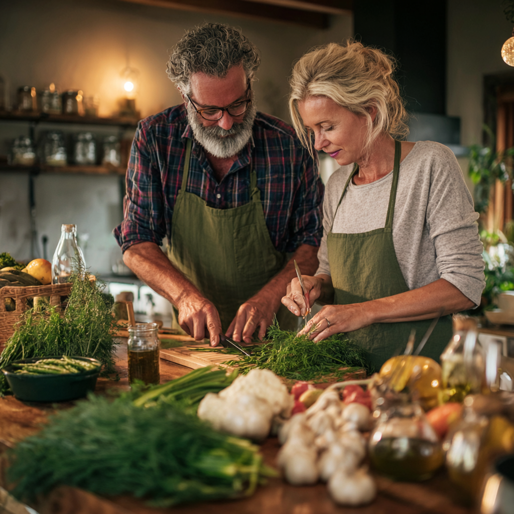 Middle-aged adults preparing natural organic foods for holistic wellness approach